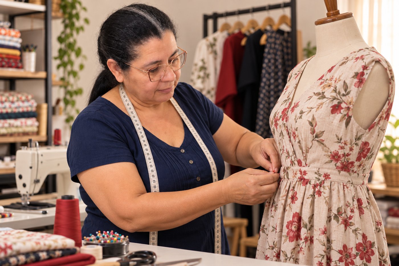 A Maga ajustando um vestido no manequim